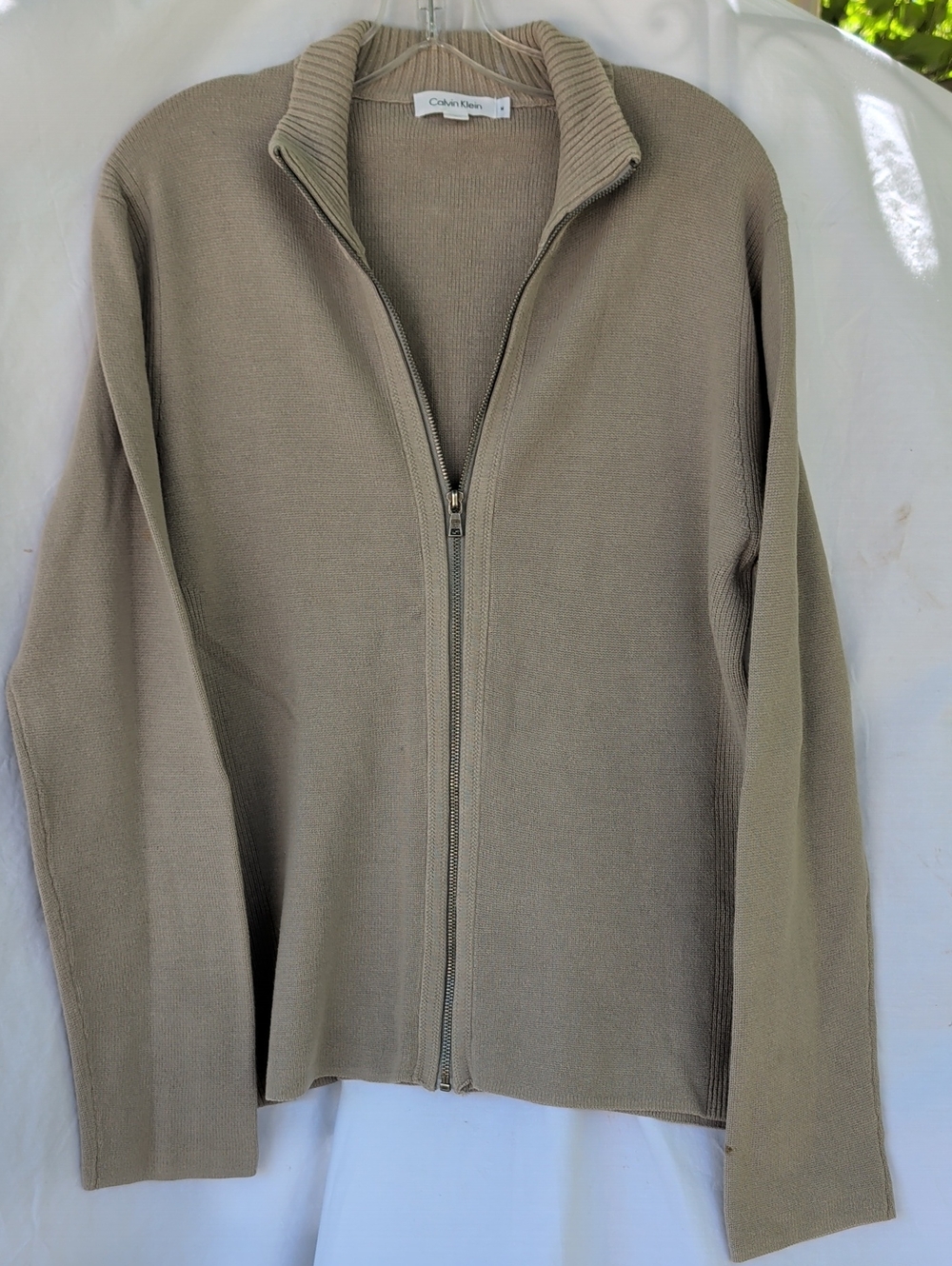Calvin Klein Full Zip 100% Cotton Knit Cardigan - Taupe